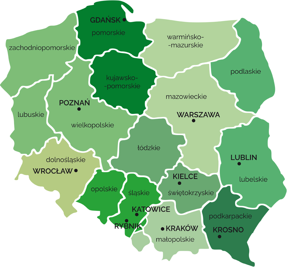 Mapa właściwości miejscowych okręgowych urzędów górniczych w Polsce