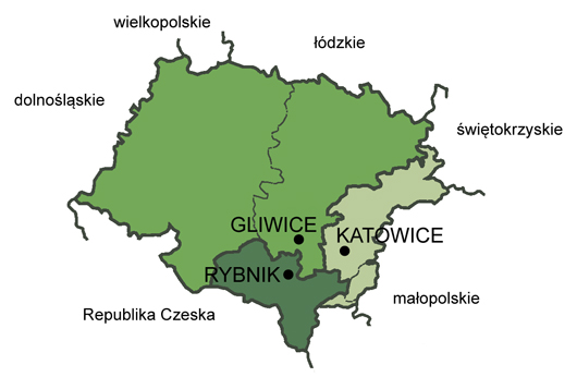 Mapa własciwości miejscowych okręgowych urzędów górniczych na terenie województw śląskiego i opolskiego